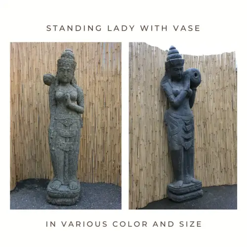 Product image of the product “Standing Lady (Sri Dewi) with vase, in the sizes from 80cm to 200cm. Natural and Antique finish ”